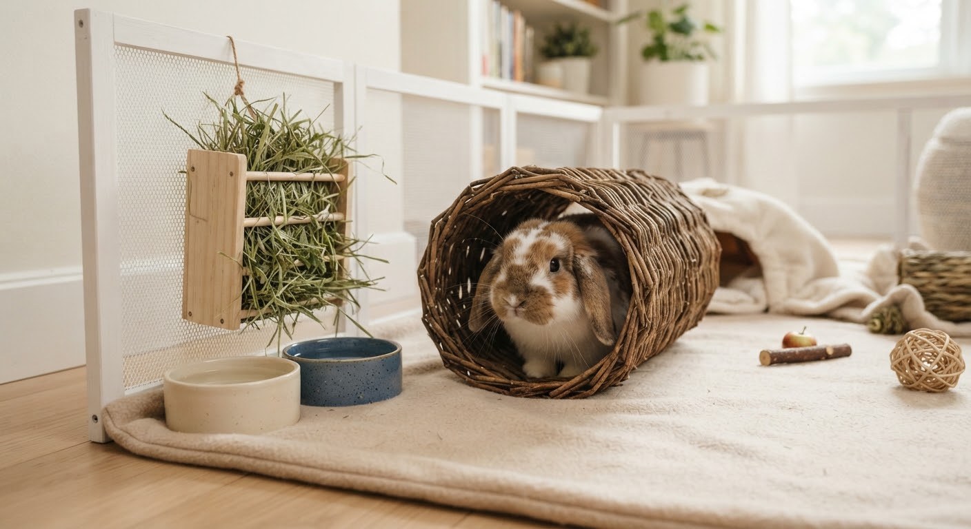 Young lop rabbit looking out of a willow tunnel in an indoor pen, with hay and two bowls beside it.